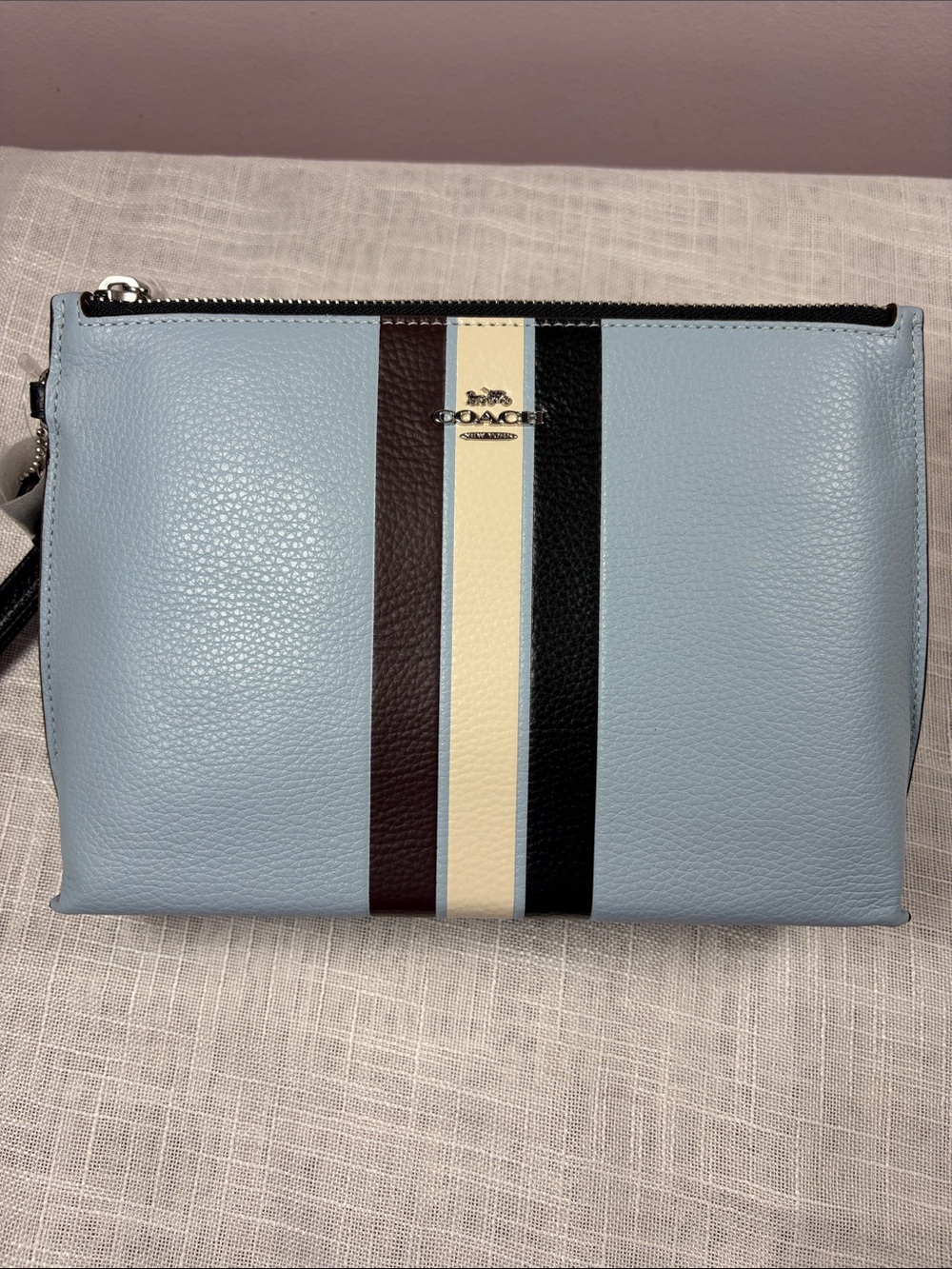 Coach Retro Stripe Rowan Pouch Light Blue with Waterfall Midnight and Cream NWT